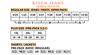 Risen Jeans size chart for jeans, pants, shorts, and jackets on a white background.