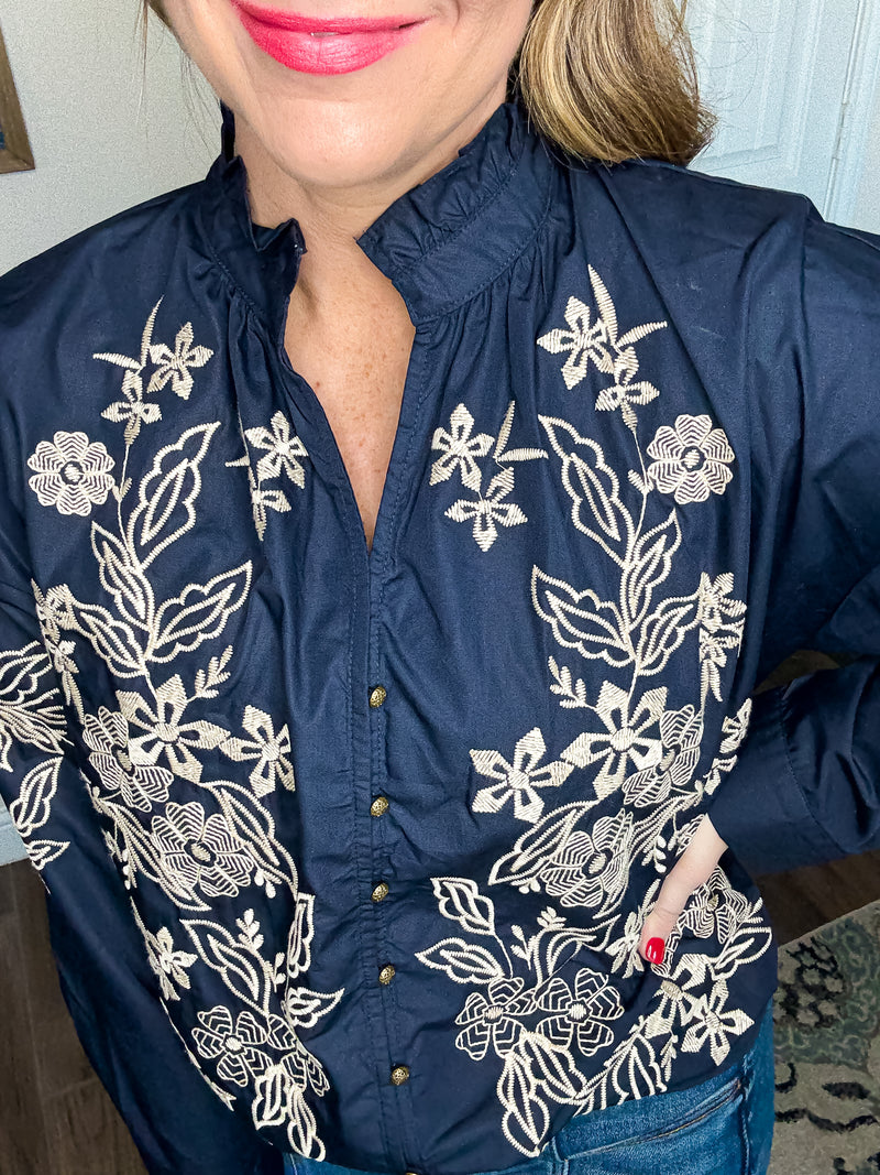 Elegant Embroidered Floral Ruffle Neck Blouse