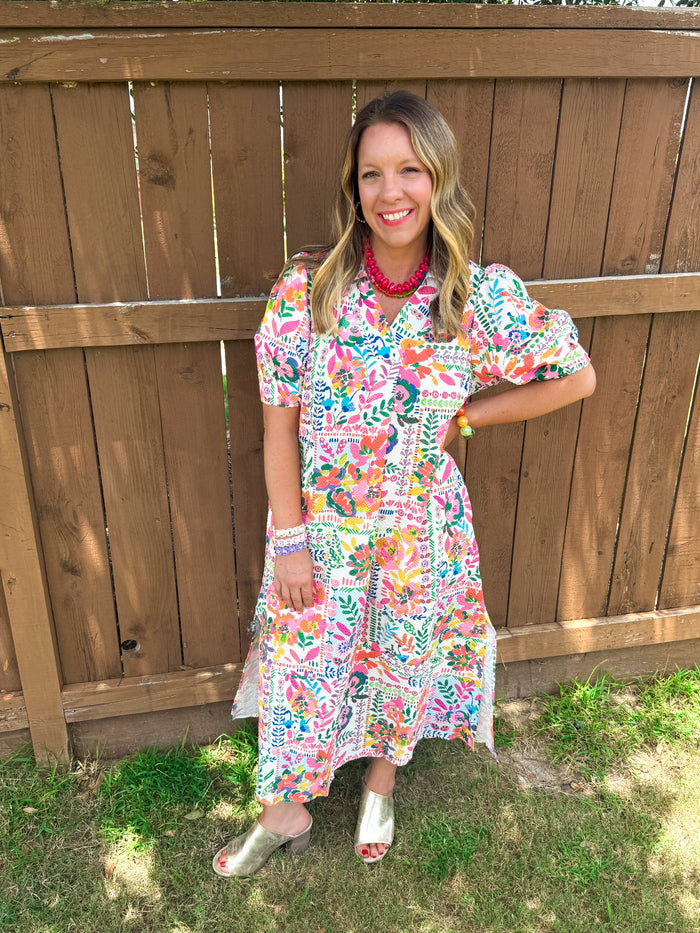 Folk Print Midi Dress