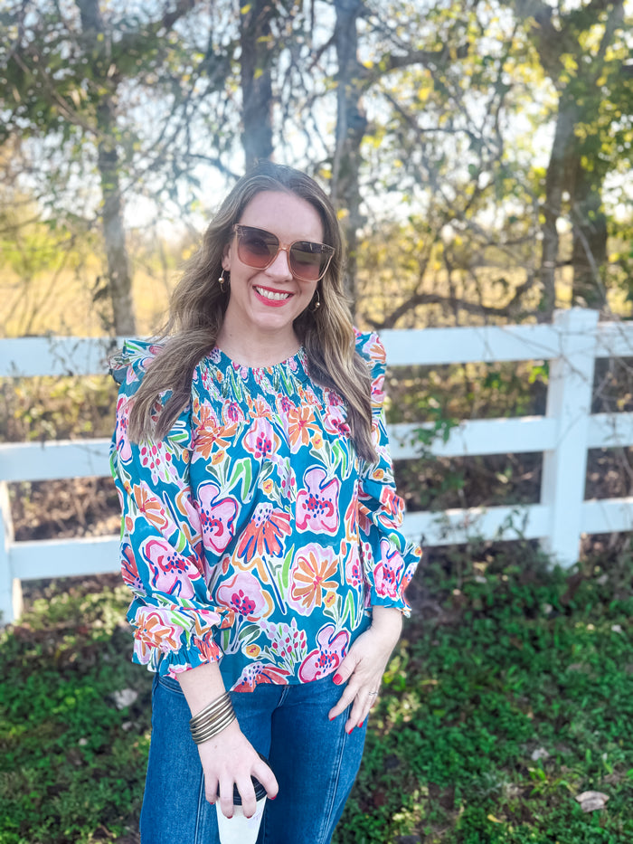 Teal Blossom Ruffle Shoulder Top