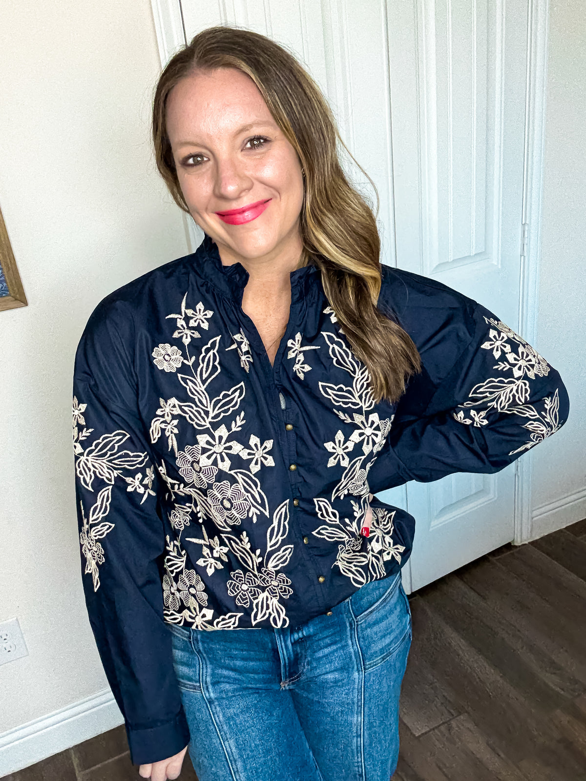 Elegant Embroidered Floral Ruffle Neck Blouse