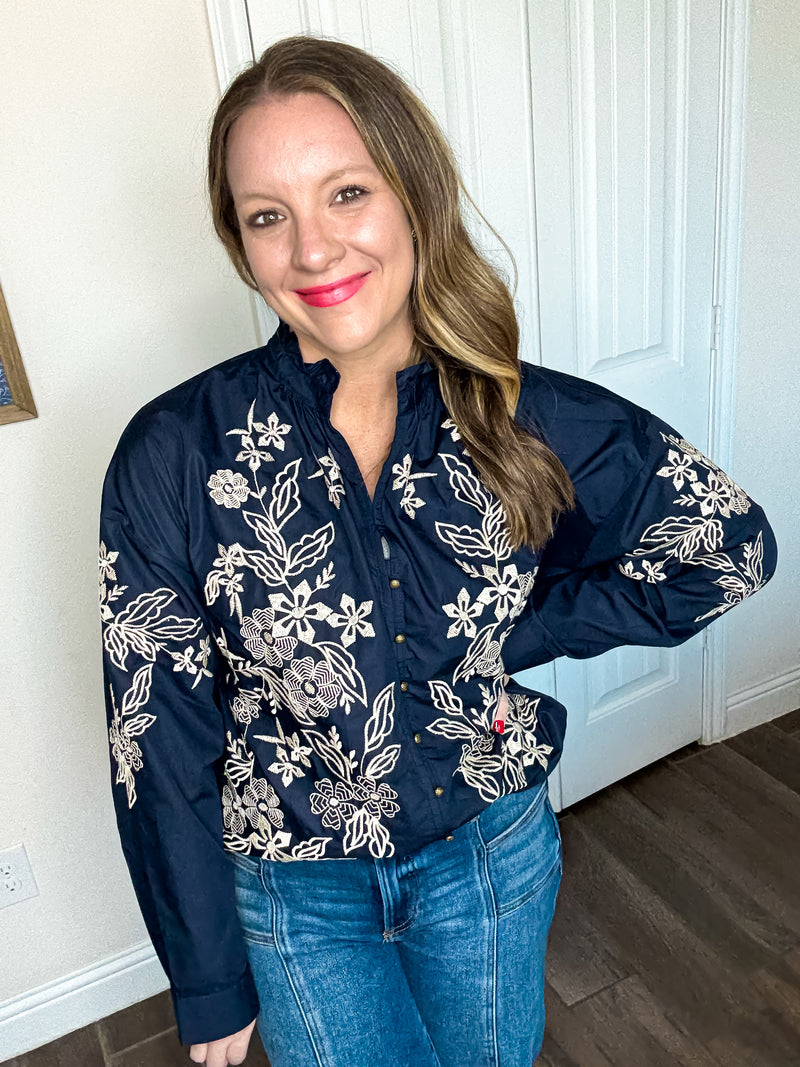 Elegant Embroidered Floral Ruffle Neck Blouse