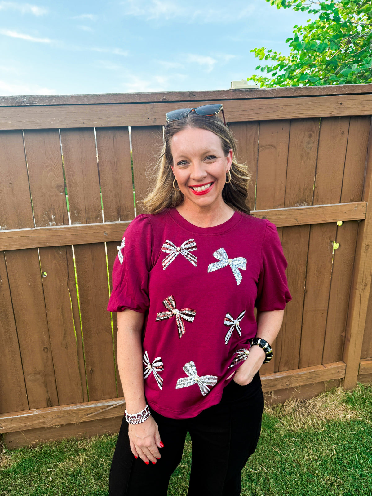 Game Day Bows & Sequins Top - Maroon & White