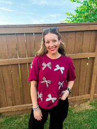 Game Day Bows & Sequins Top - Maroon & White