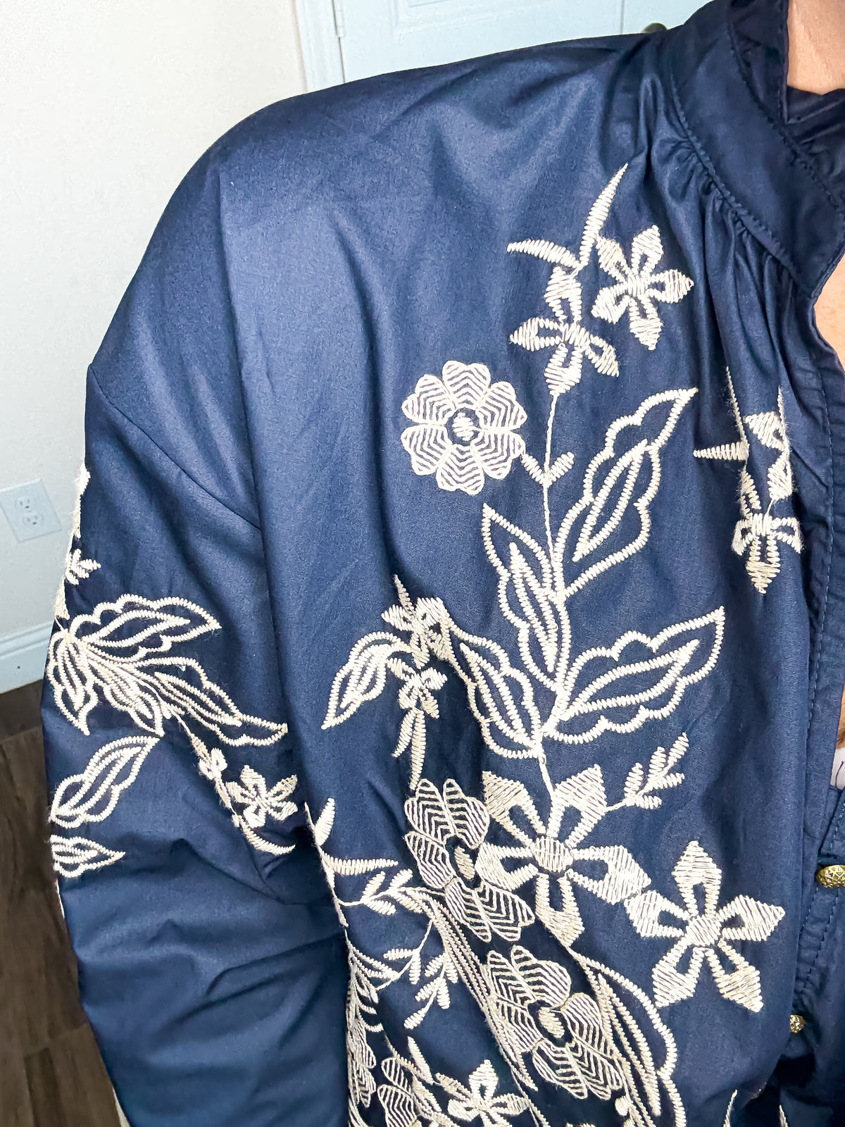 Elegant Embroidered Floral Ruffle Neck Blouse