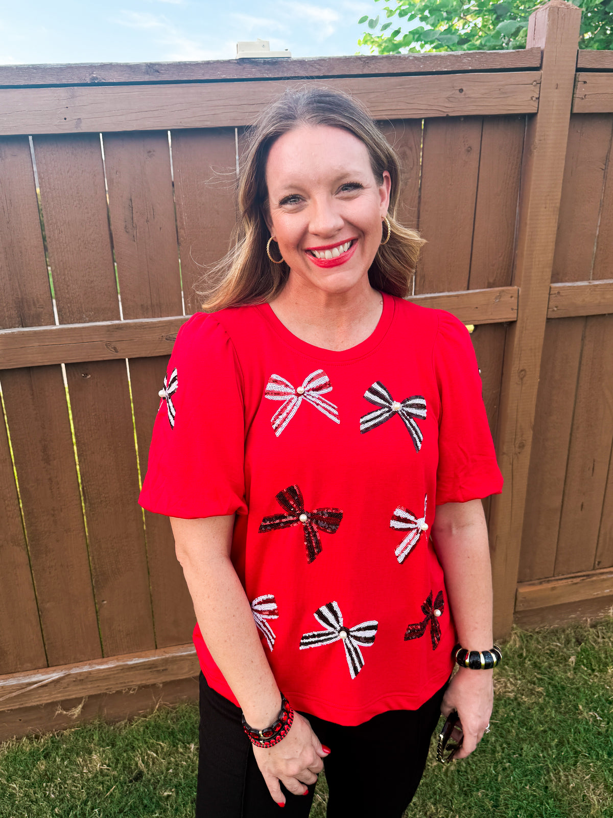 Game Day Bows & Sequins Top - Red & Black