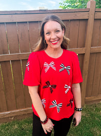 Game Day Bows & Sequins Top - Red & Black