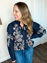 Elegant Embroidered Floral Ruffle Neck Blouse
