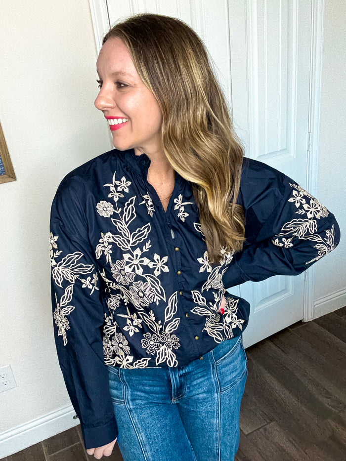 Elegant Embroidered Floral Ruffle Neck Blouse