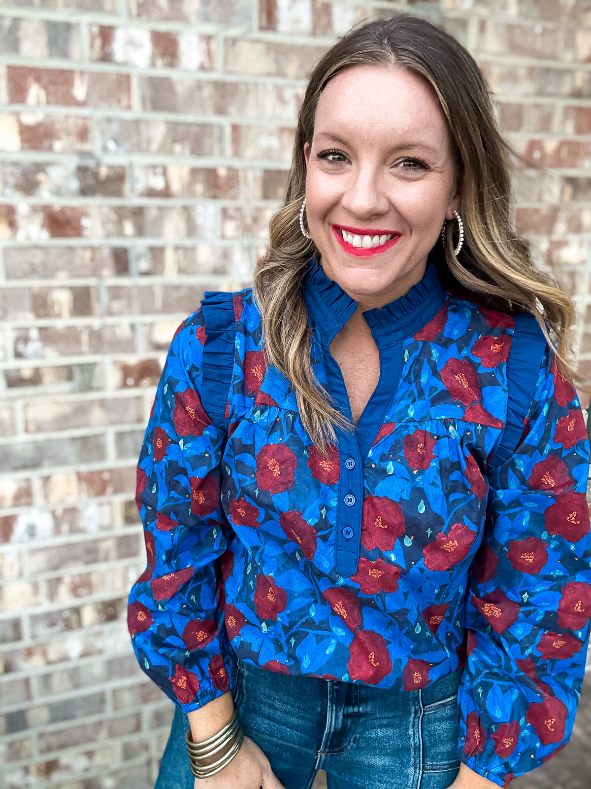 Blue Skies Ruffle Detail Floral Top