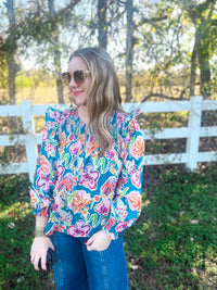 Teal Blossom Ruffle Shoulder Top