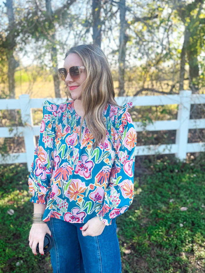 Teal Blossom Ruffle Shoulder Top