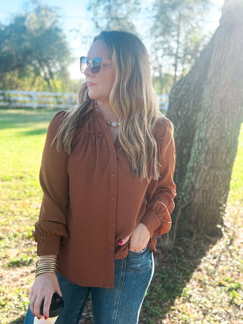 Cocoa Breeze Ruffle Sleeve Top
