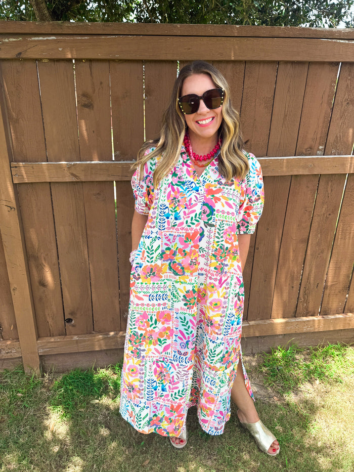 Folk Print Midi Dress