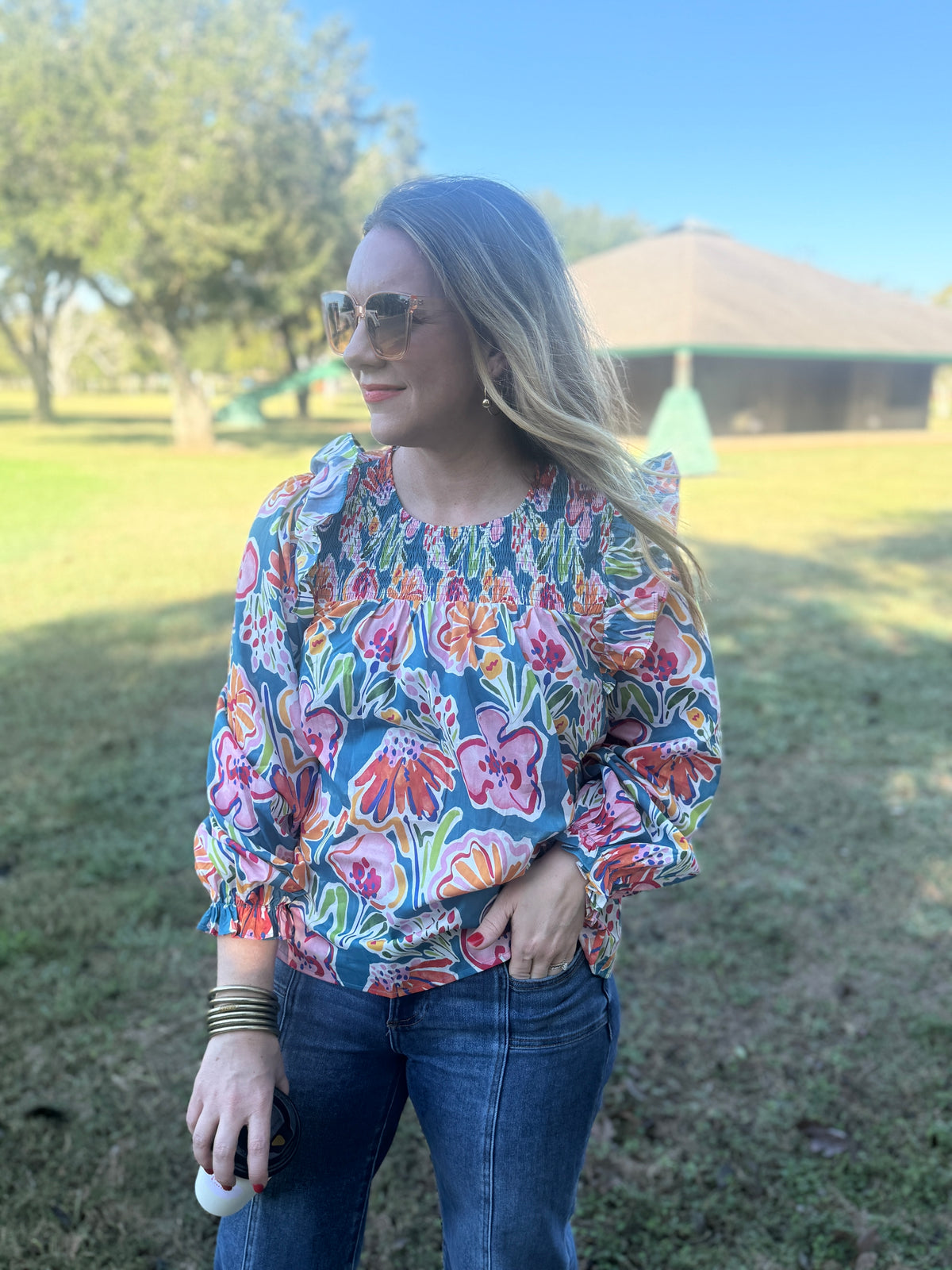 Teal Blossom Ruffle Shoulder Top