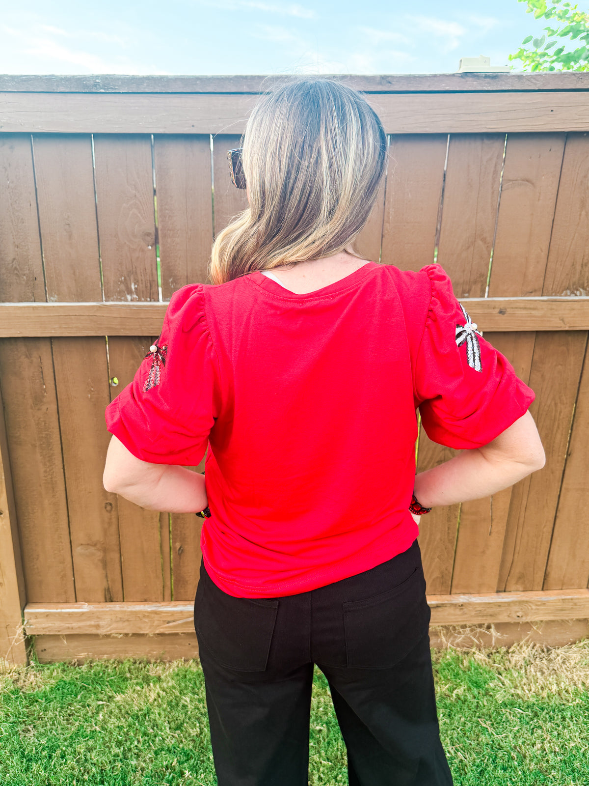 Game Day Bows & Sequins Top - Red & Black