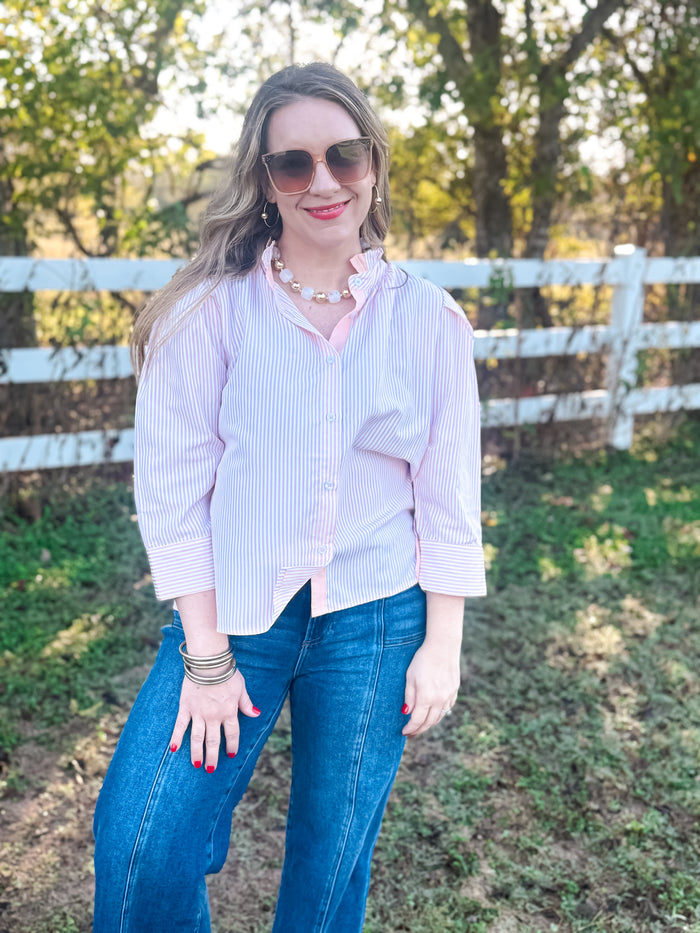 Sweet Stripe Ruffle Trim Blouse - EmClaire Lane