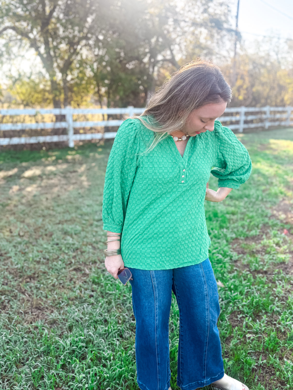 Sweet Serenity Ruffle Sleeve Blouse - Green & Lavender
