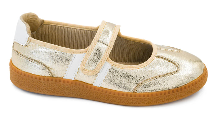 Corkys Calm Down Gold metallic Mary Jane sneaker with white retro side stripe and gum sole
