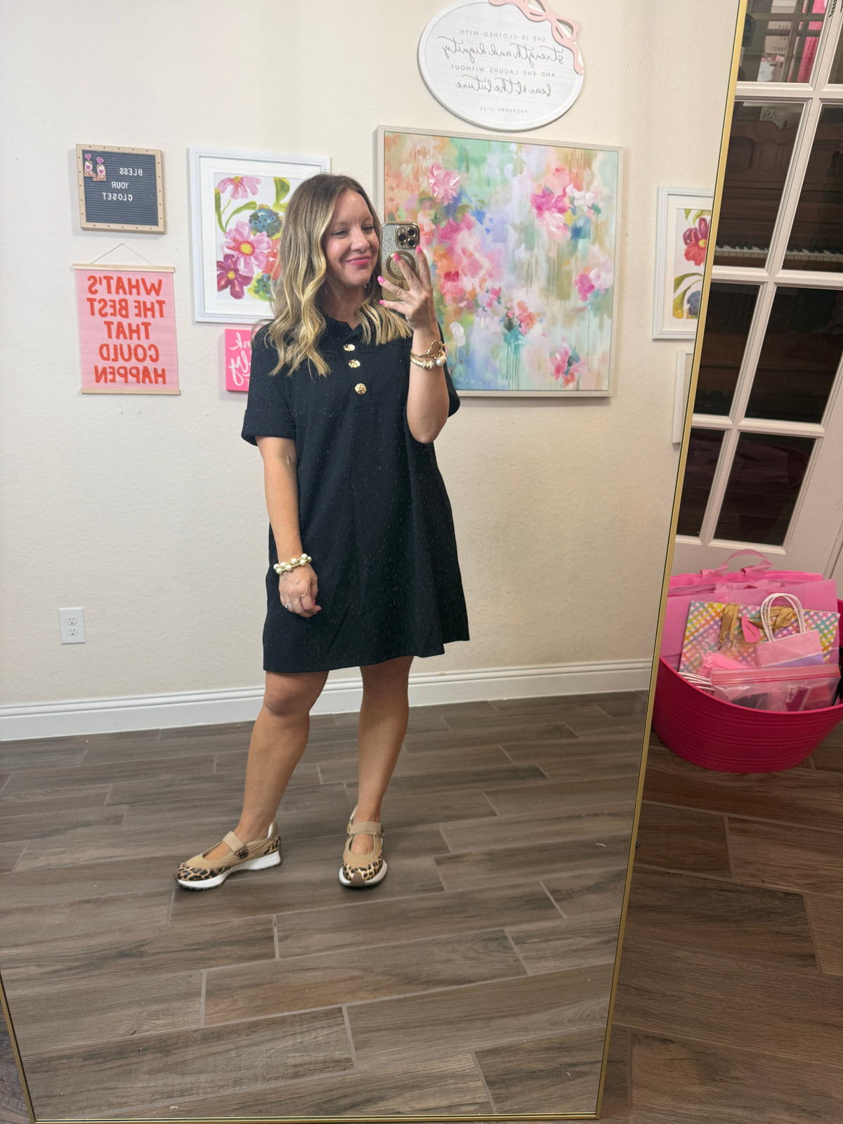 Black Gold Button Scuba Mini Dress by She & Sky