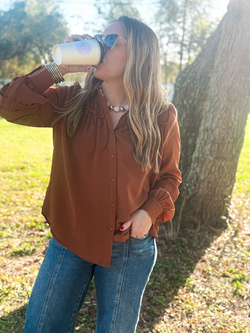 Cocoa Breeze Ruffle Sleeve Top