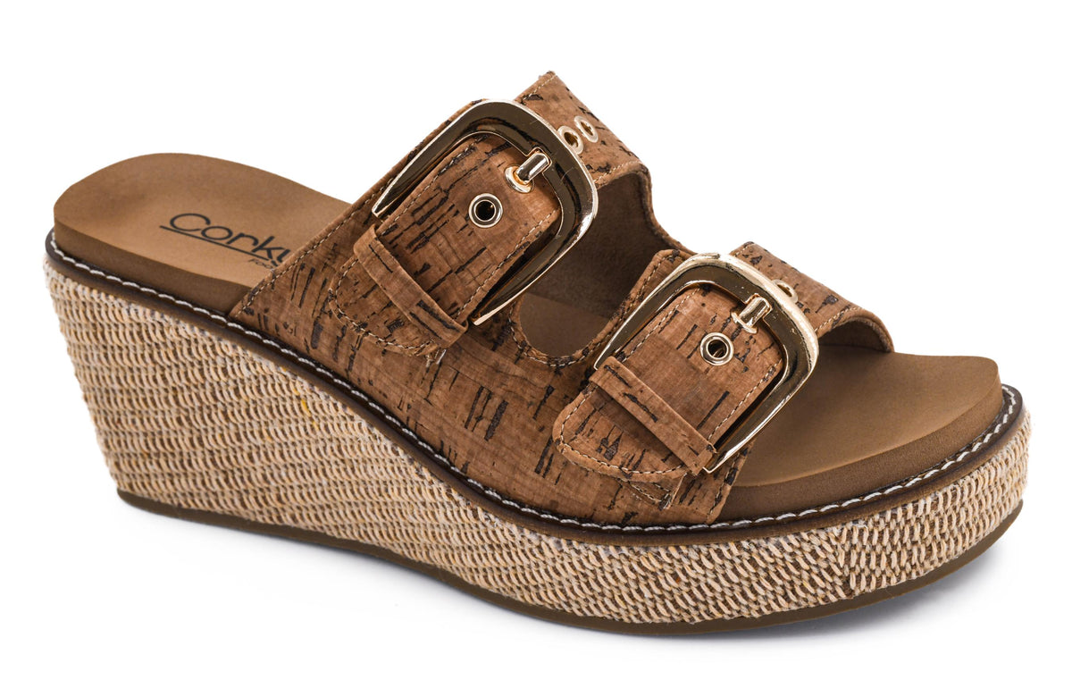 Corkys Double Dare Honey Cork double buckle wedge sandal with rope-wrapped heel