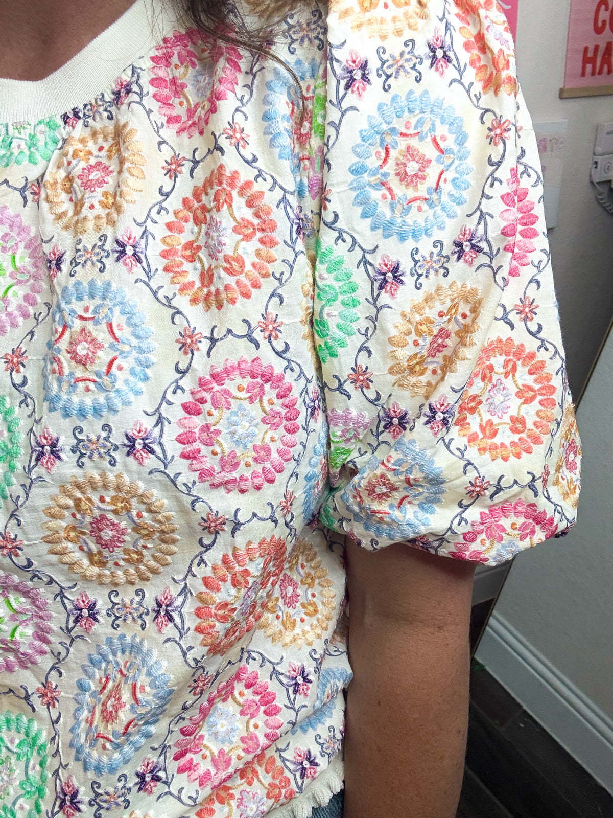 Garden Stitch Multicolored Embroidered Top
