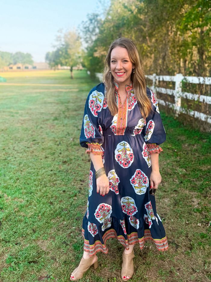 Moonlight Petals Ruffled Midi Dress