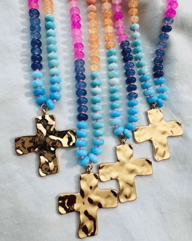 Gold Hammered Cross Beaded Necklace