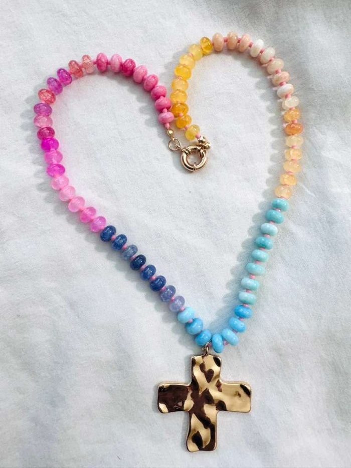 Gold Hammered Cross Beaded Necklace