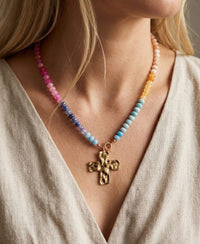 Gold Hammered Cross Beaded Necklace