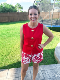 Finley Red Sleeveless Gold Shell Button Top