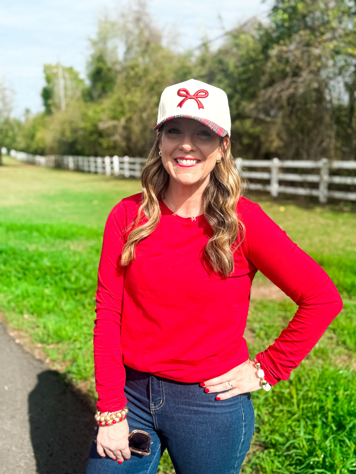 Plaid Trim Holiday Bow Hat