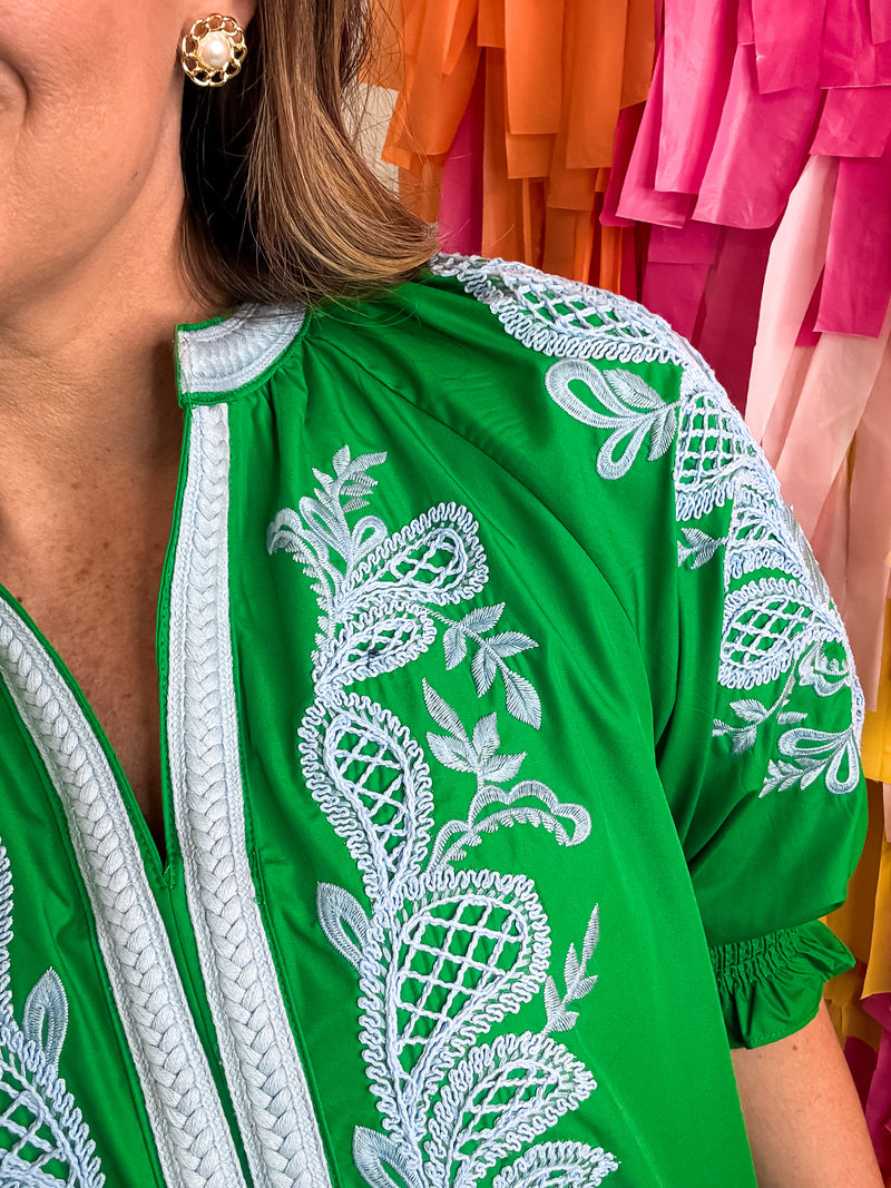 Emerald Ease Embroidery Top