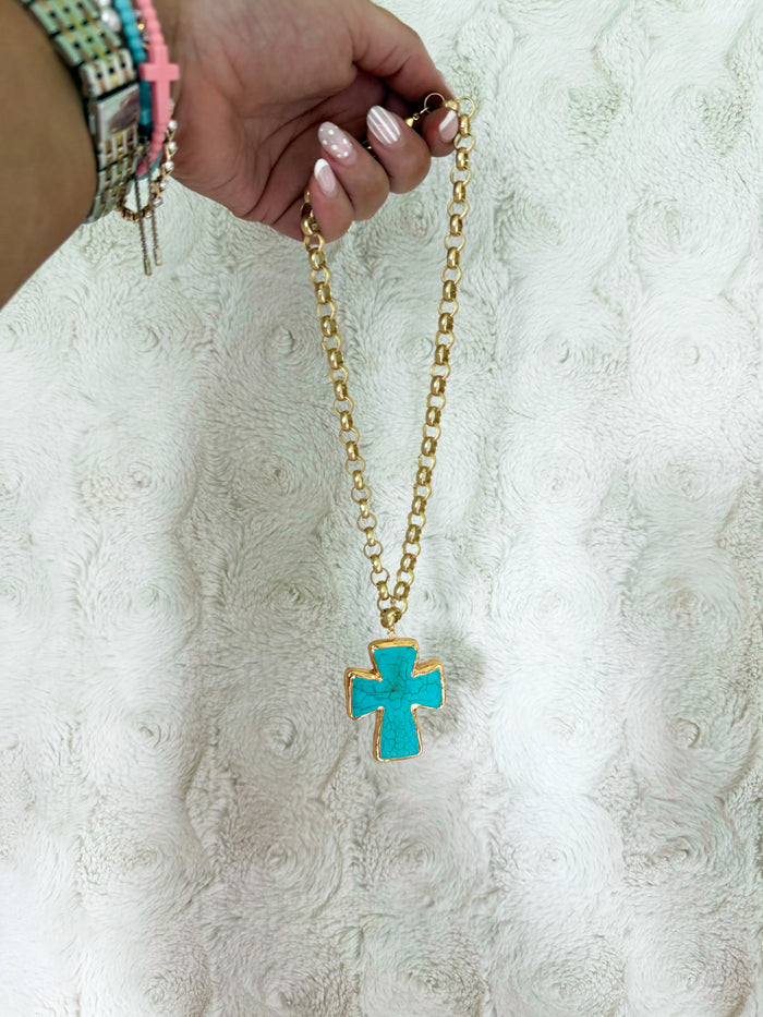 Turquoise Cross Gold Chain Necklace