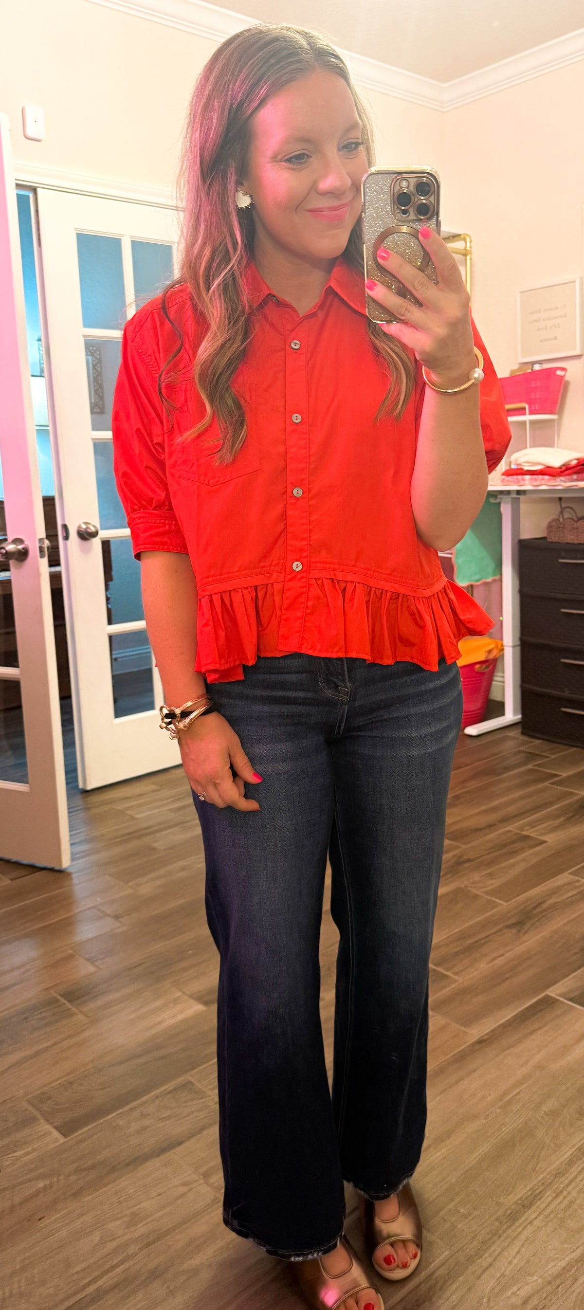 Small Town Spark Red Ruffle Hem Top