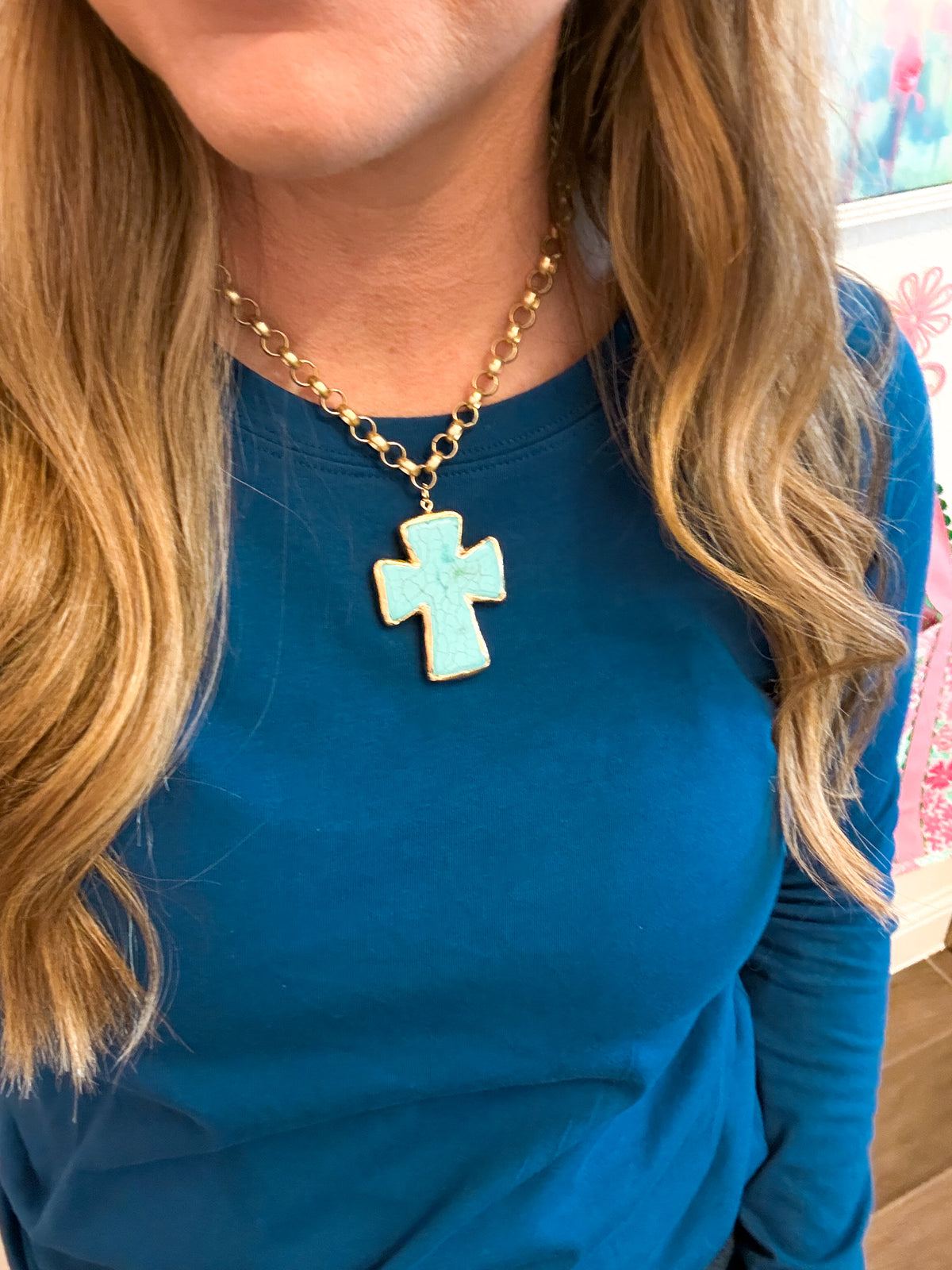 Turquoise Cross Gold Chain Necklace