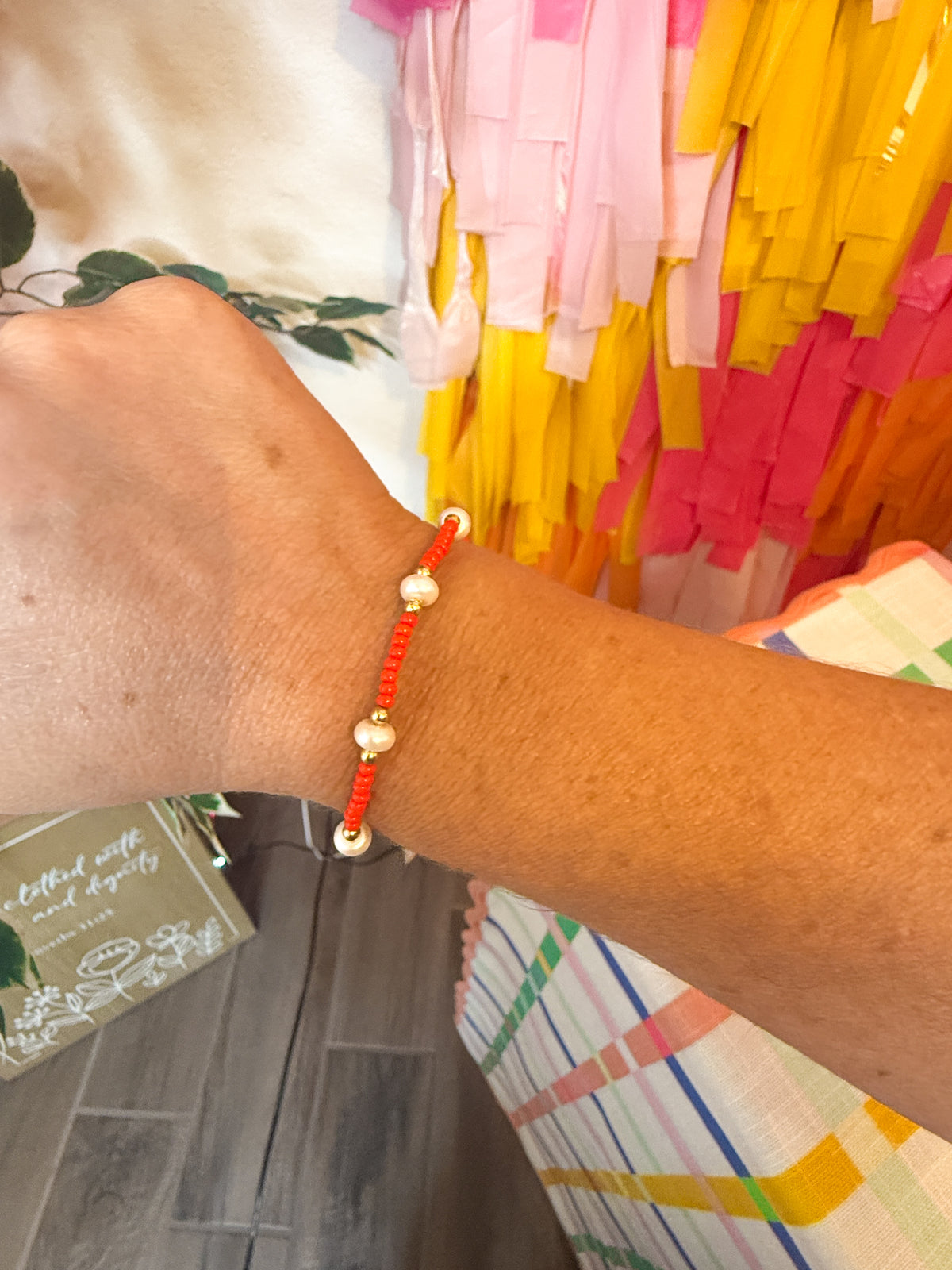 Beaded Blondes Red & Pearl Stretch Bracelet