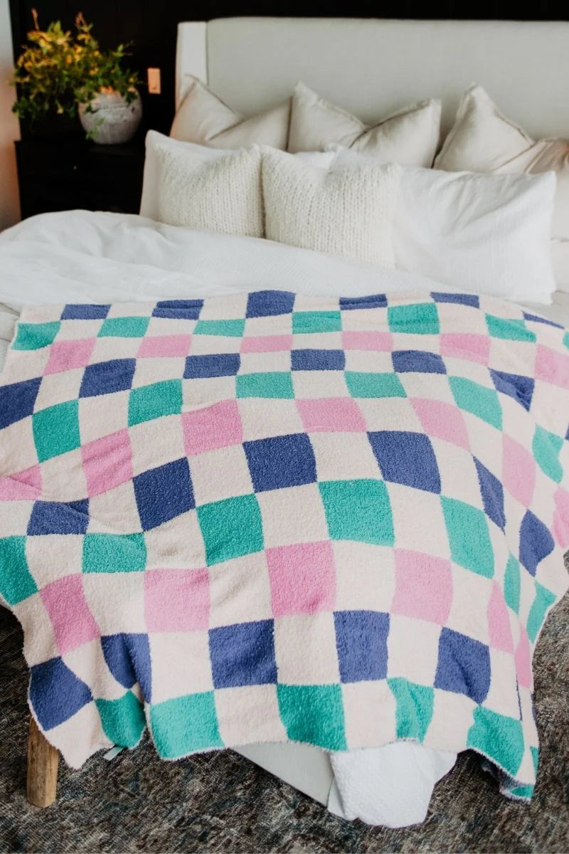 Teal and Pink Checkered Throw Blanket