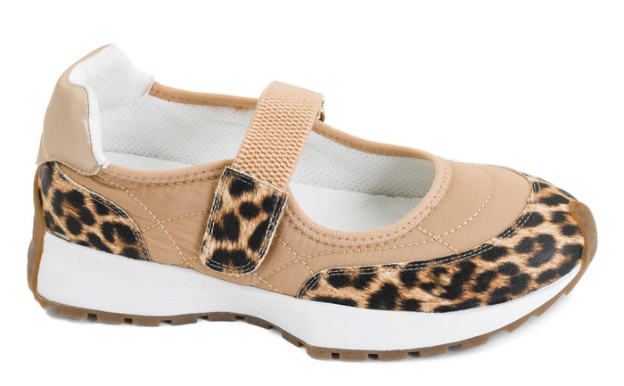 Corkys No Biggie Leopard Mary Jane sneaker with tan upper and chunky white platform sole