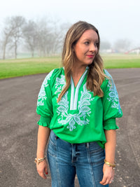 Emerald Ease Embroidery Top