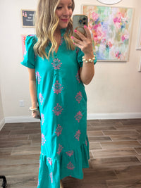 Present and Pretty Embroidery Puff Sleeve Midi Dress in Mint