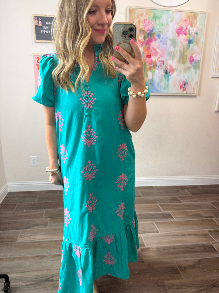 Present and Pretty Embroidery Puff Sleeve Midi Dress in Mint