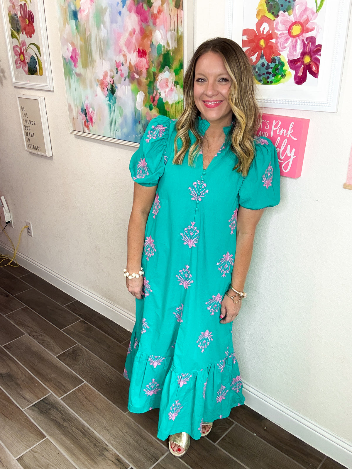 Present and Pretty Embroidery Puff Sleeve Midi Dress in Mint