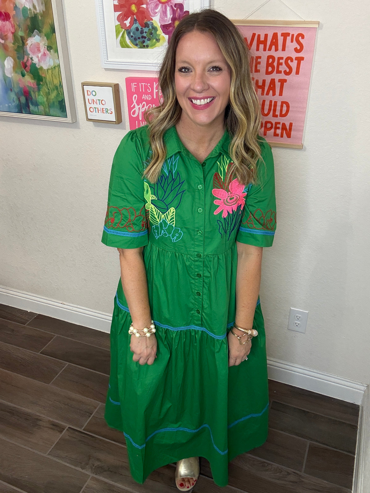 Tropical Embroidered Tiered Midi Dress in green by Jodifl