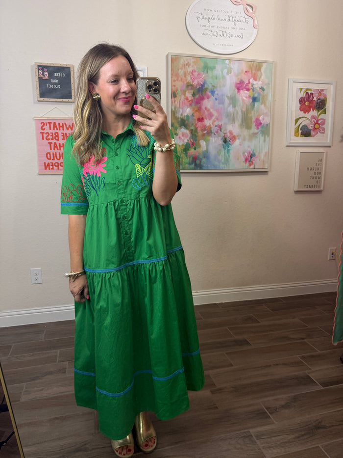 Tropical Embroidered Tiered Midi Dress in green by Jodifl - back view