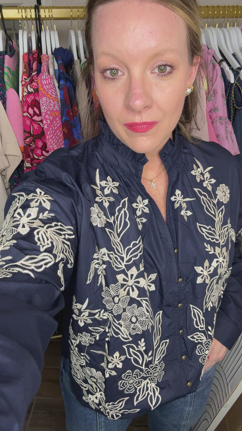 Elegant Embroidered Floral Ruffle Neck Blouse